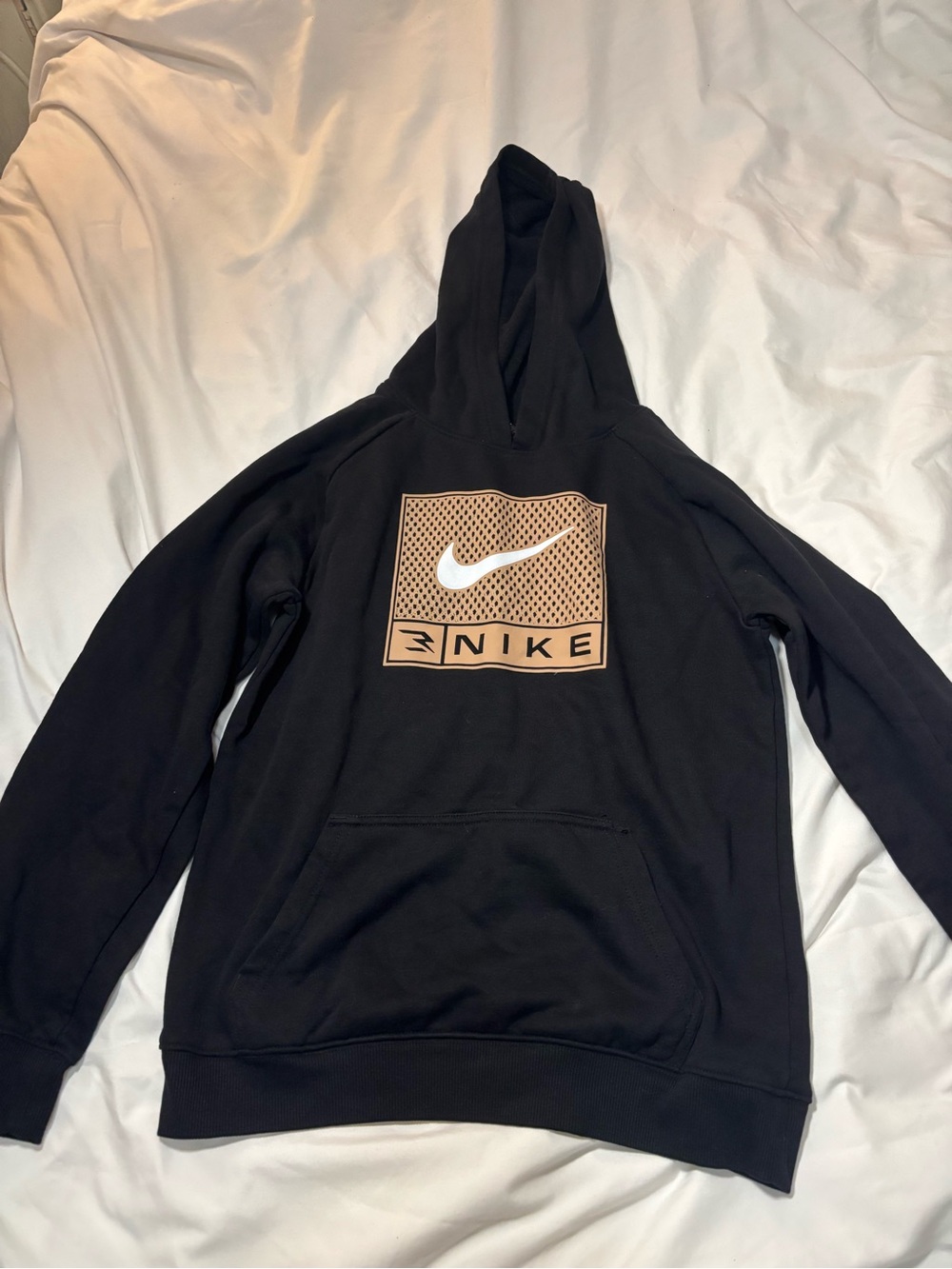 Nike Black Hoodie with Tan and White Logo Graphic